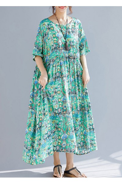 Organic green print linen Wardrobes Vintage design o neck Cinched Robe Summer Dresses