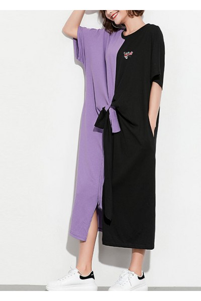 Style purple black cotton clothes plus size Shirts o neck patchwork Kaftan Summer Dress