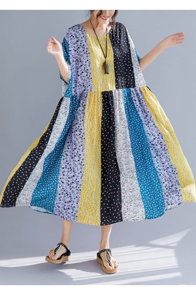 Elegant multicolor cotton dresses plus size Sewing o neck patchwork Kaftan Summer Dresses