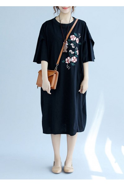 Modern o neck embroidery linen clothes Fashion Online Shopping black long Dresses Summer