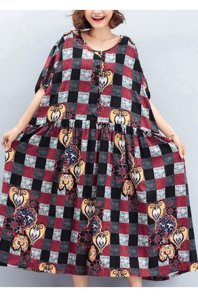 Beautiful o neck large hem linen quilting dresses To Get design red Plaid Art Dress summer